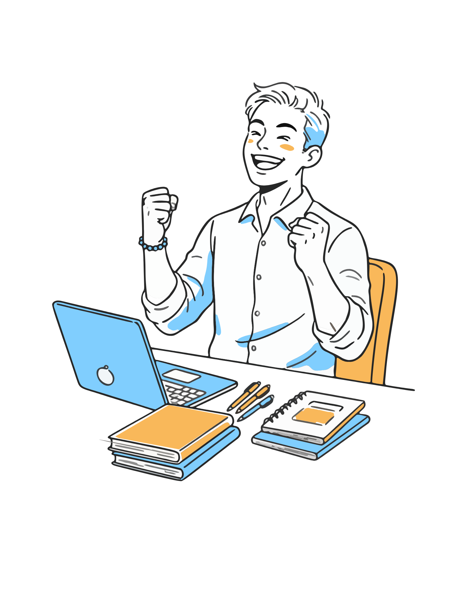 A confident student studying with a laptop and books